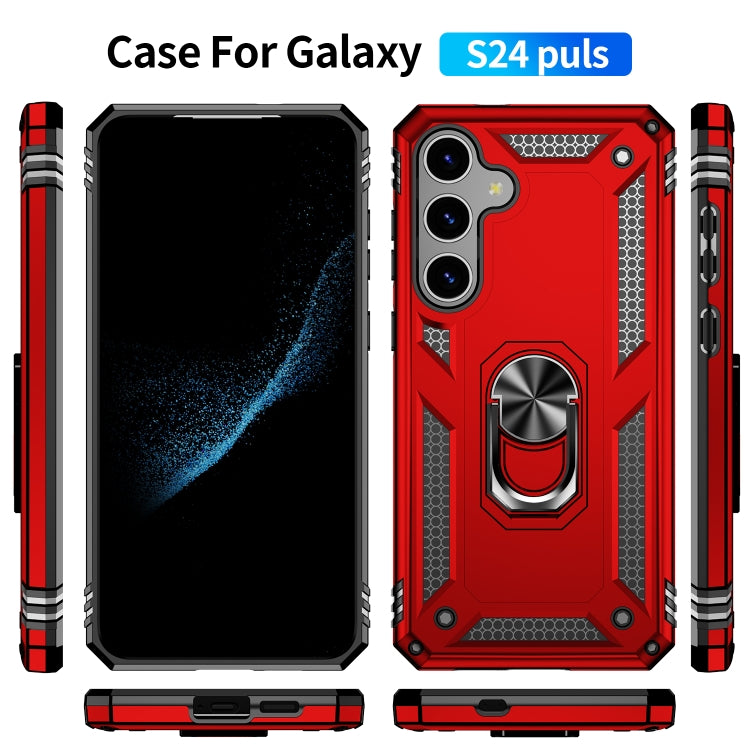 Red shockproof TPU and PC phone case for Samsung Galaxy S24 5G, featuring a 360-degree rotating holder and precise cutouts for buttons and ports.